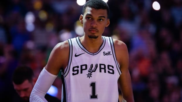 Nov 2, 2023; Phoenix, Arizona, USA; San Antonio Spurs center Victor Wembanyama (1) prior to the game against the Phoenix Suns at Footprint Center.
